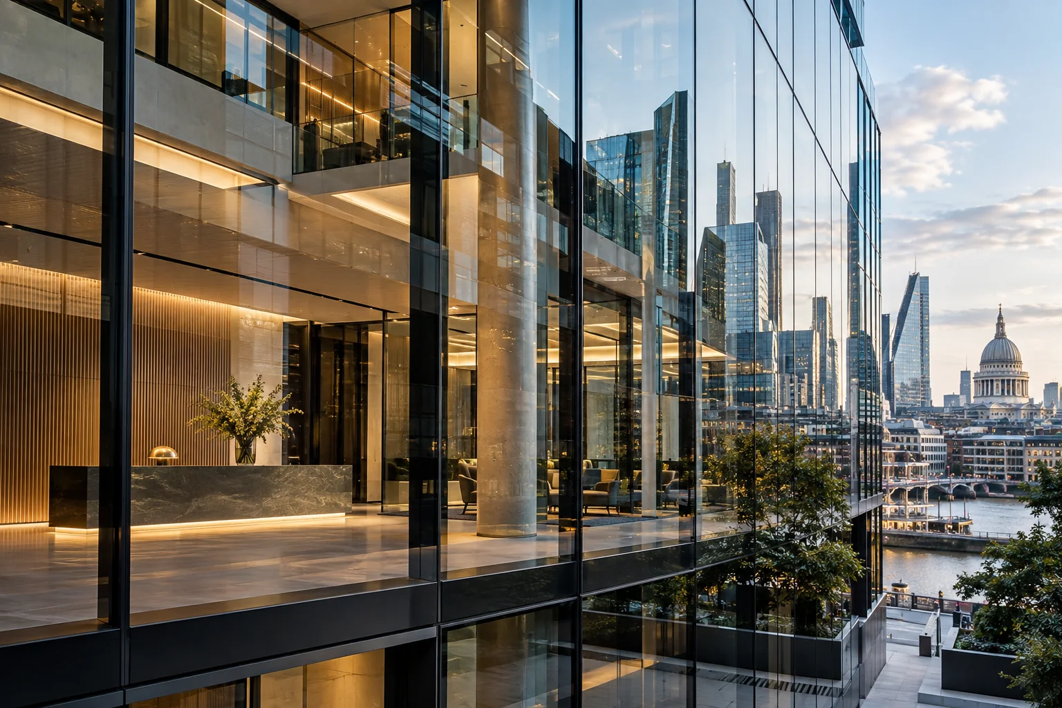 Glass-fronted London commercial building with layered city reflections