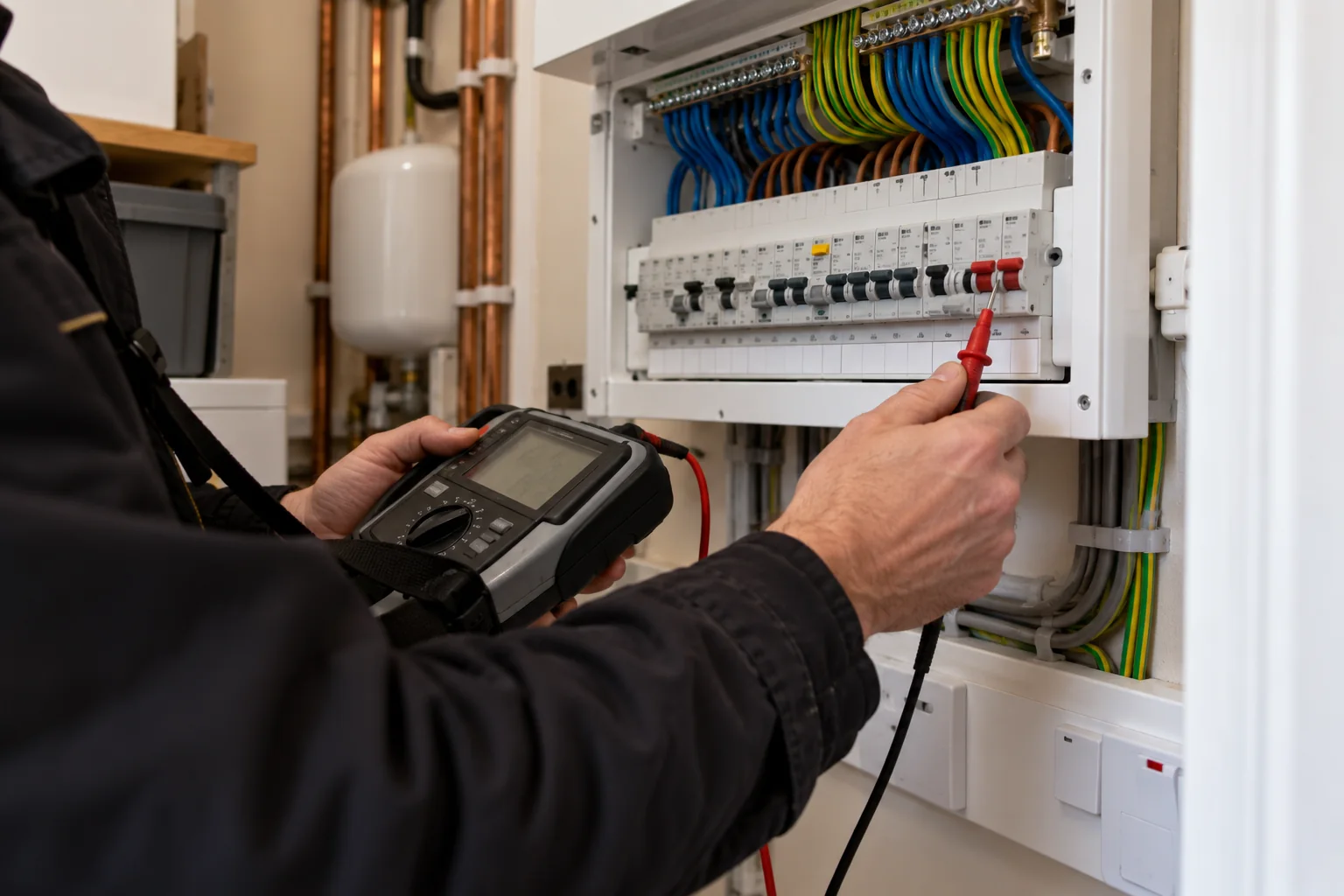 Electrician testing a residential consumer unit